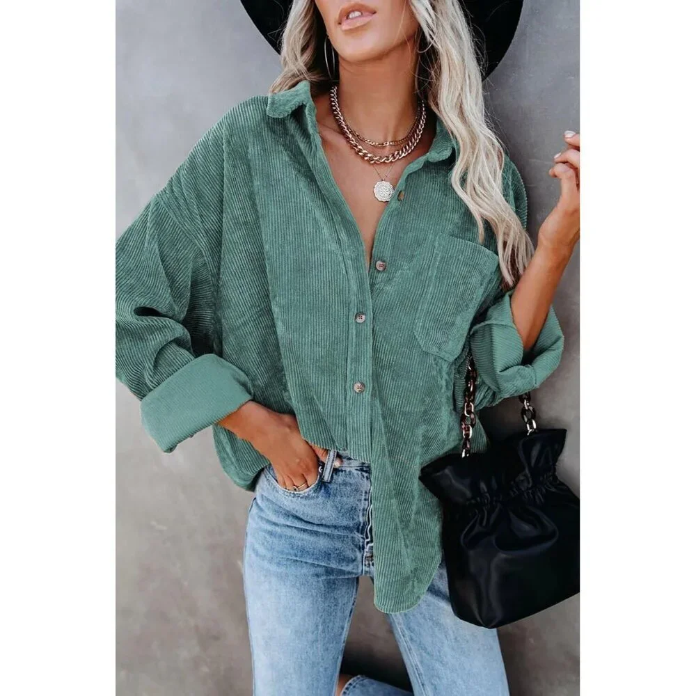 Women Green Collared V Neck Button Down Oversized Long Sleeve Shirt Top - Picture 3 of 6